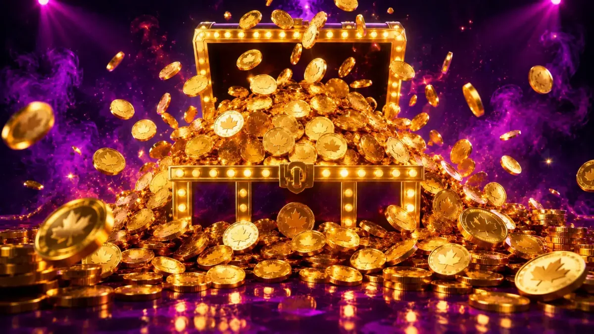 Three PlayFame Canada mobile casino app phones fanned out with glowing purple and gold UI
