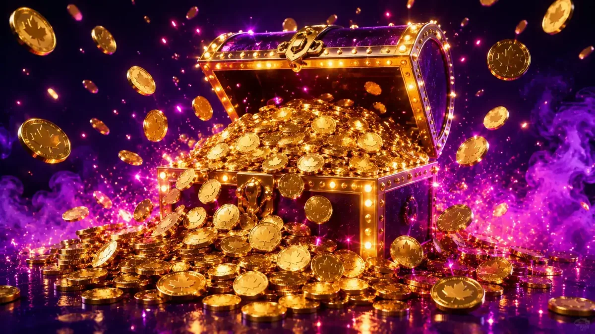 Overflowing treasure chest of gold PlayFame Canada sweepstakes coins with cascading waterfall of bonus coins