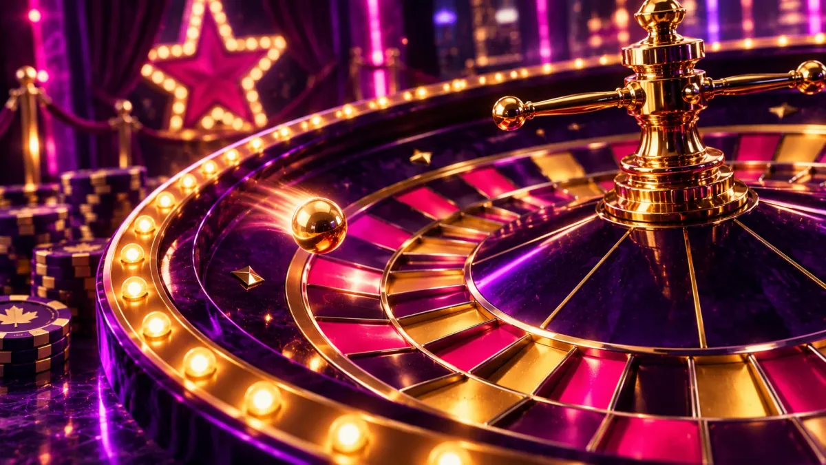 Gold and pink PlayFame Canada wheel of fortune with star pointer spinning above cascading bonus coins