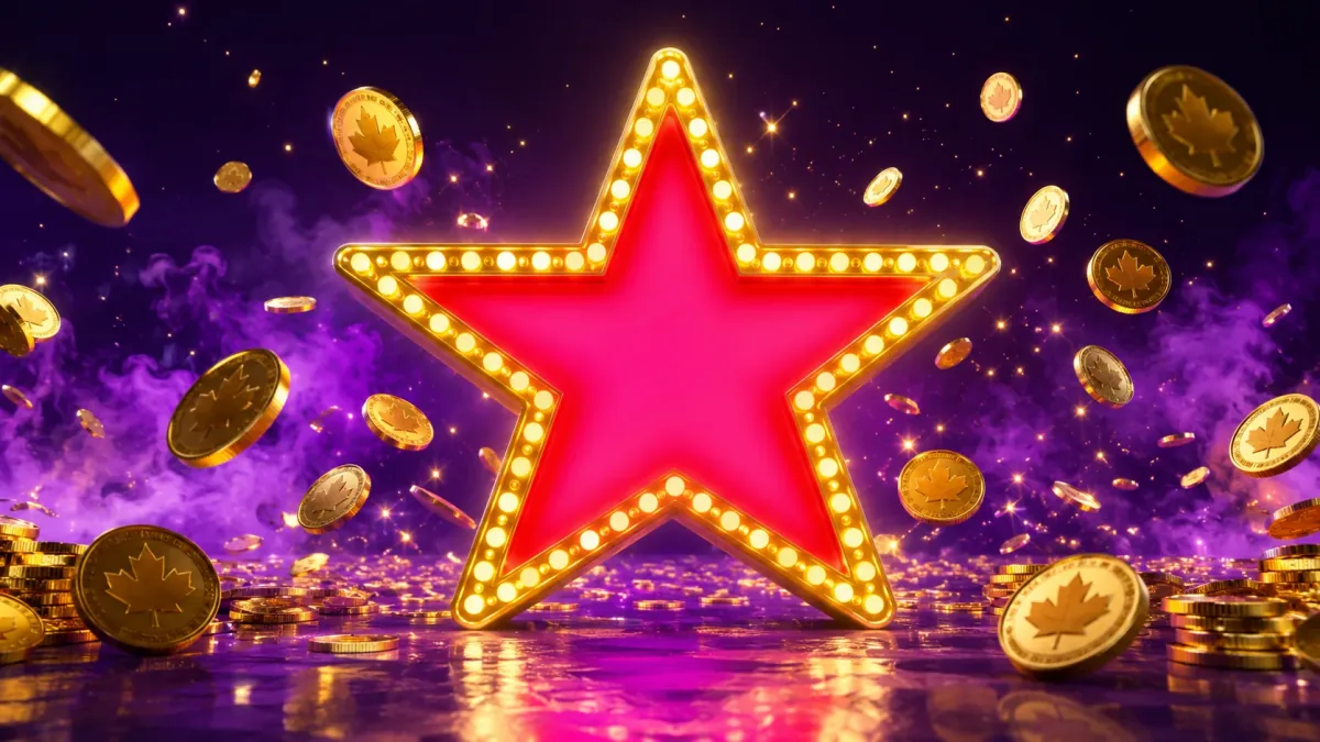 Golden marquee star surrounded by Canadian sweepstakes coins — PlayFame Canada social casino hero