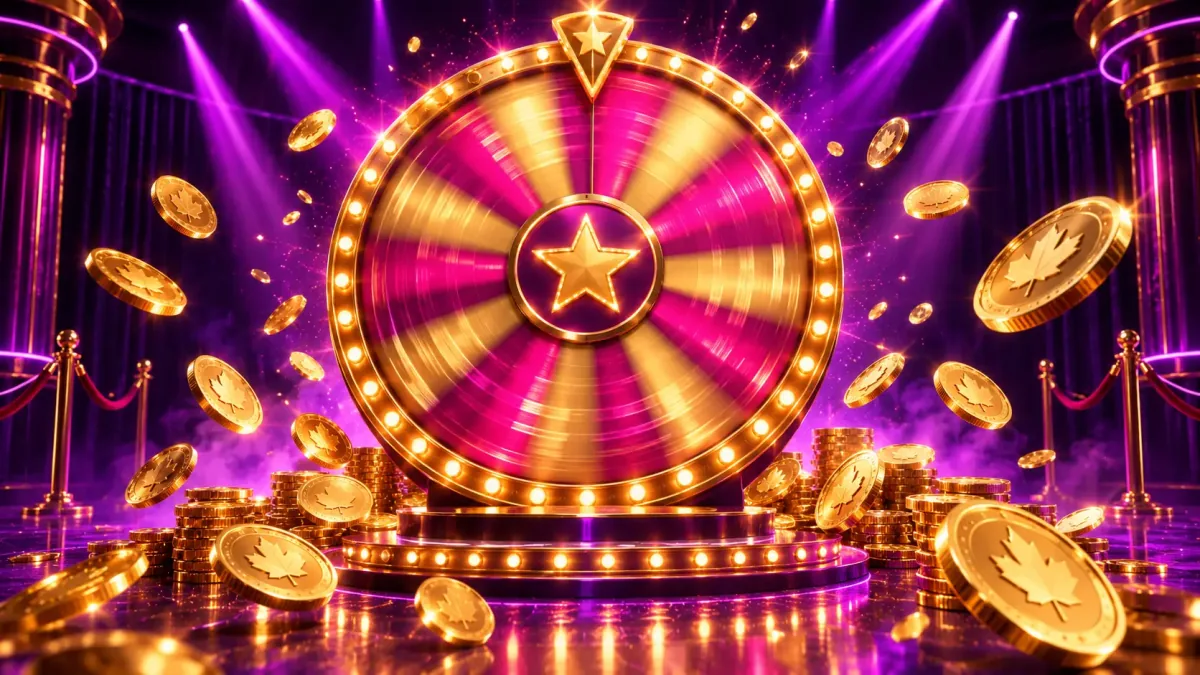 Fan of Canadian payment cards with marquee gold trim and stacks of PlayFame sweepstakes coins