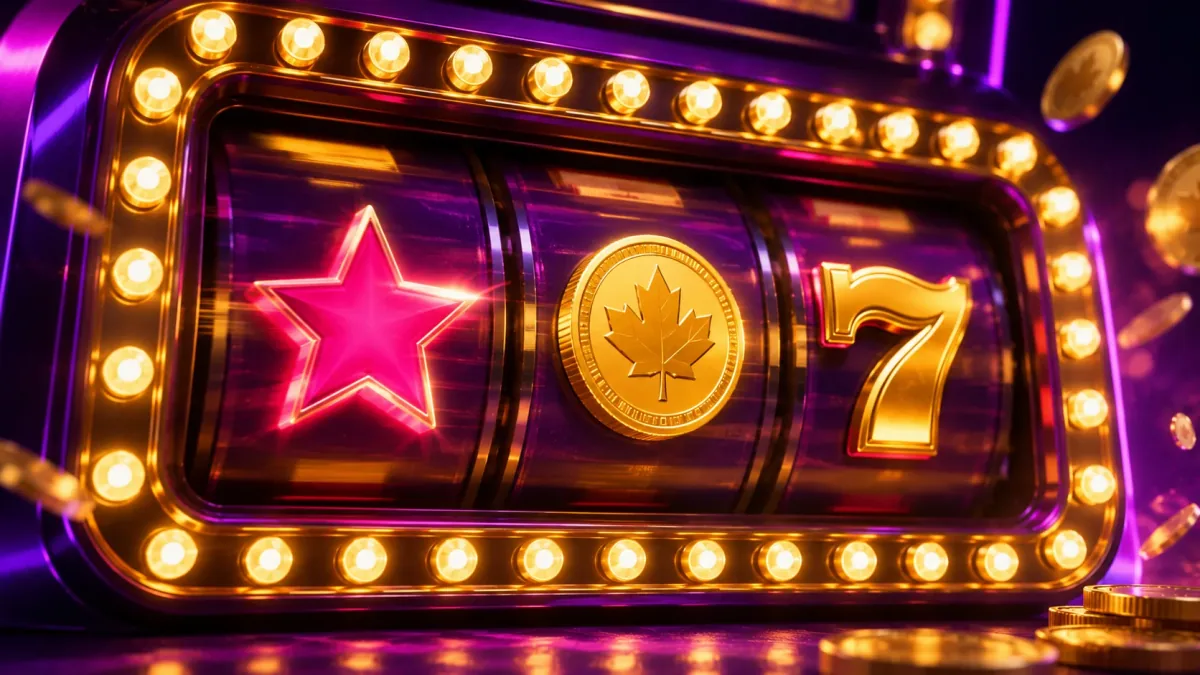 Glowing PlayFame Canada slot reel with star, coin and lucky seven symbols behind a gold marquee frame