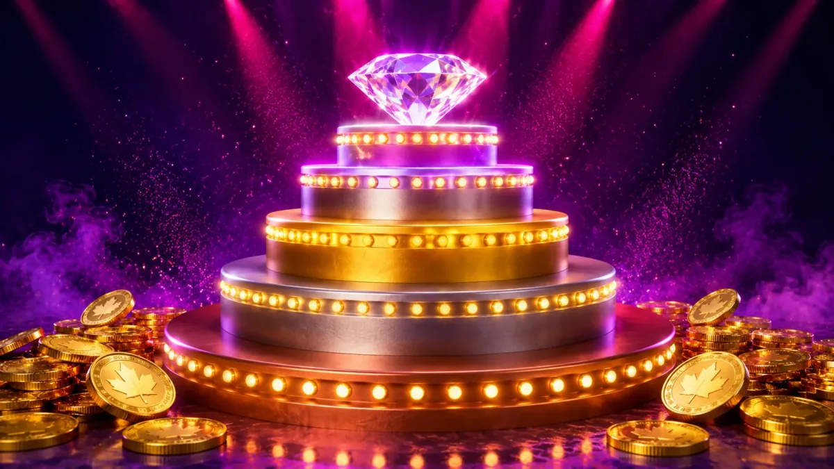 Five-step PlayFame Canada VIP loyalty pyramid — bronze, silver, gold, platinum, diamond tiers rising with marquee bulbs